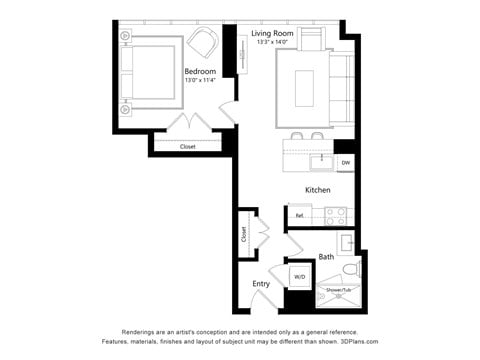 Floor plan for 1 bed, 1 bath, 644 sqft